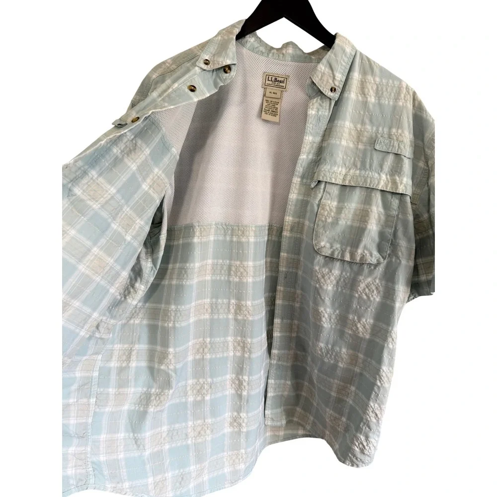 L.L. Bean Vented Plaid Fishing Shirt Size XL Light Teal Green Blue EUC